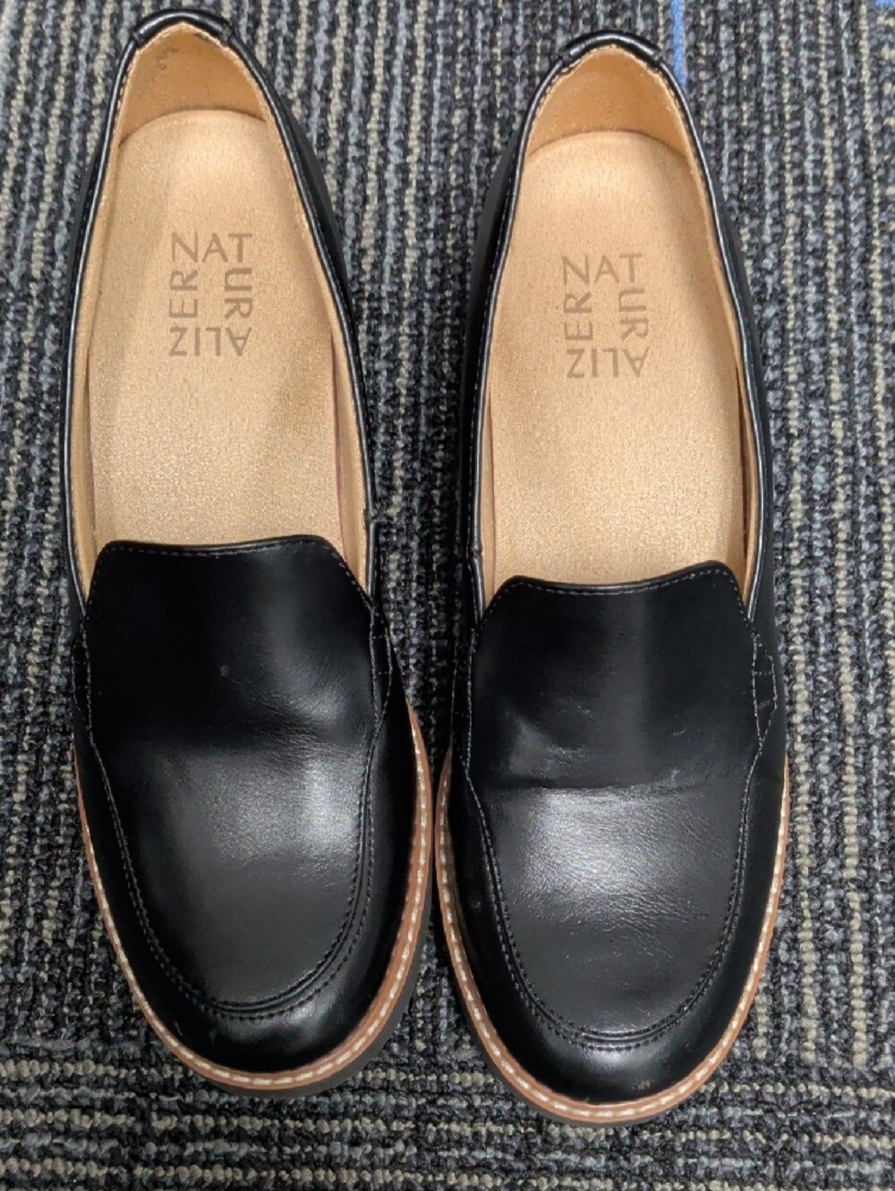 Naturalizer Black Leather Slip-On Loafers with Tan Trim - Picture 2 of 6